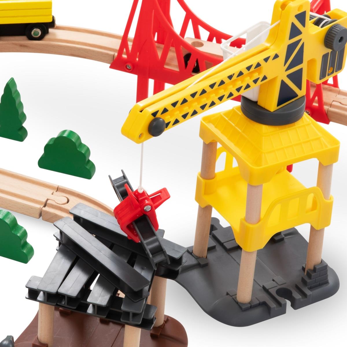 Chemin de fer en bois, train à batterie - Ville : voies, voitures, pont, aéroport