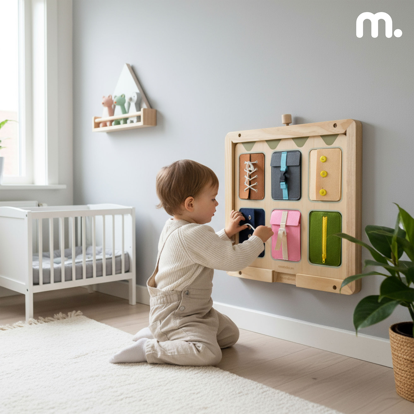 Tableau de manipulation Montessori en bois – Apprentissage sensoriel de l'autonomie – lacets, boucles, boutons, pressions, fermeture éclair