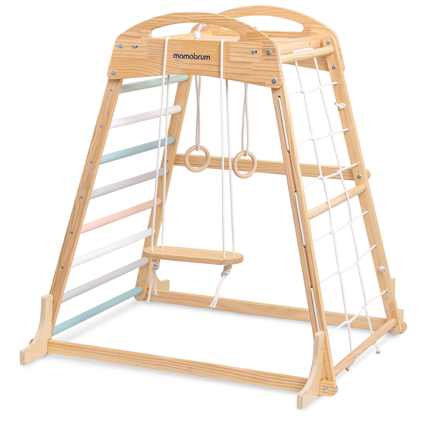 Aire de jeux intérieure en bois avec balançoire, anneaux de gymnastique et filet d'escalade