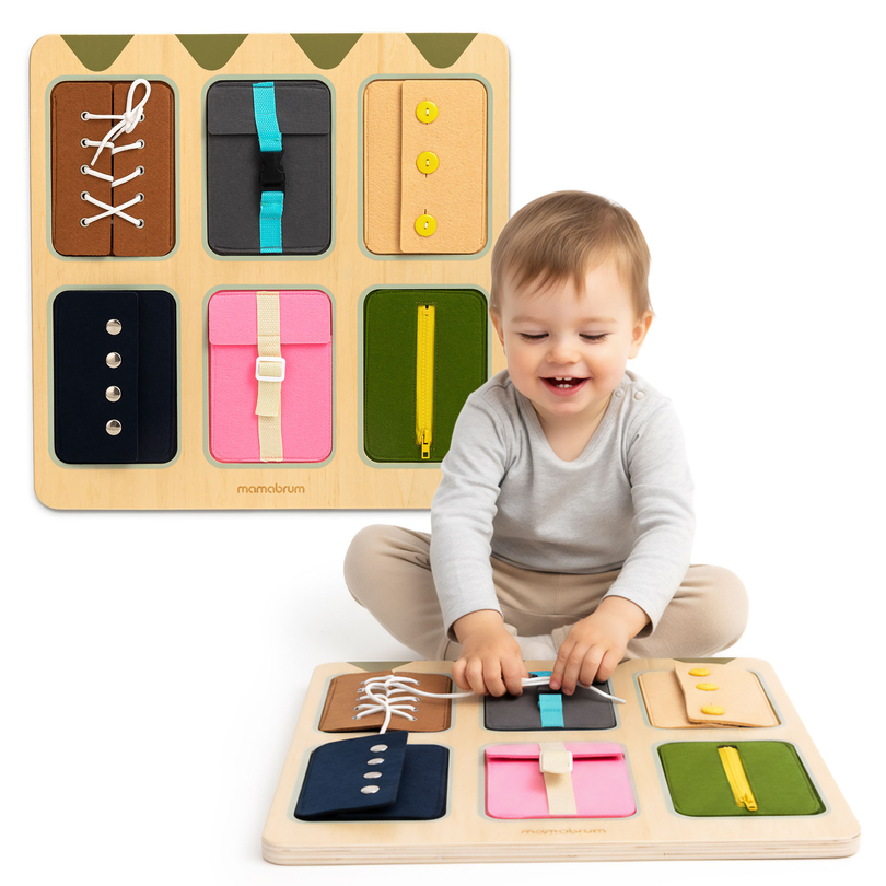 Tableau de manipulation Montessori en bois – Apprentissage sensoriel de l&#39;autonomie – lacets, boucles, boutons, pressions, fermeture éclair