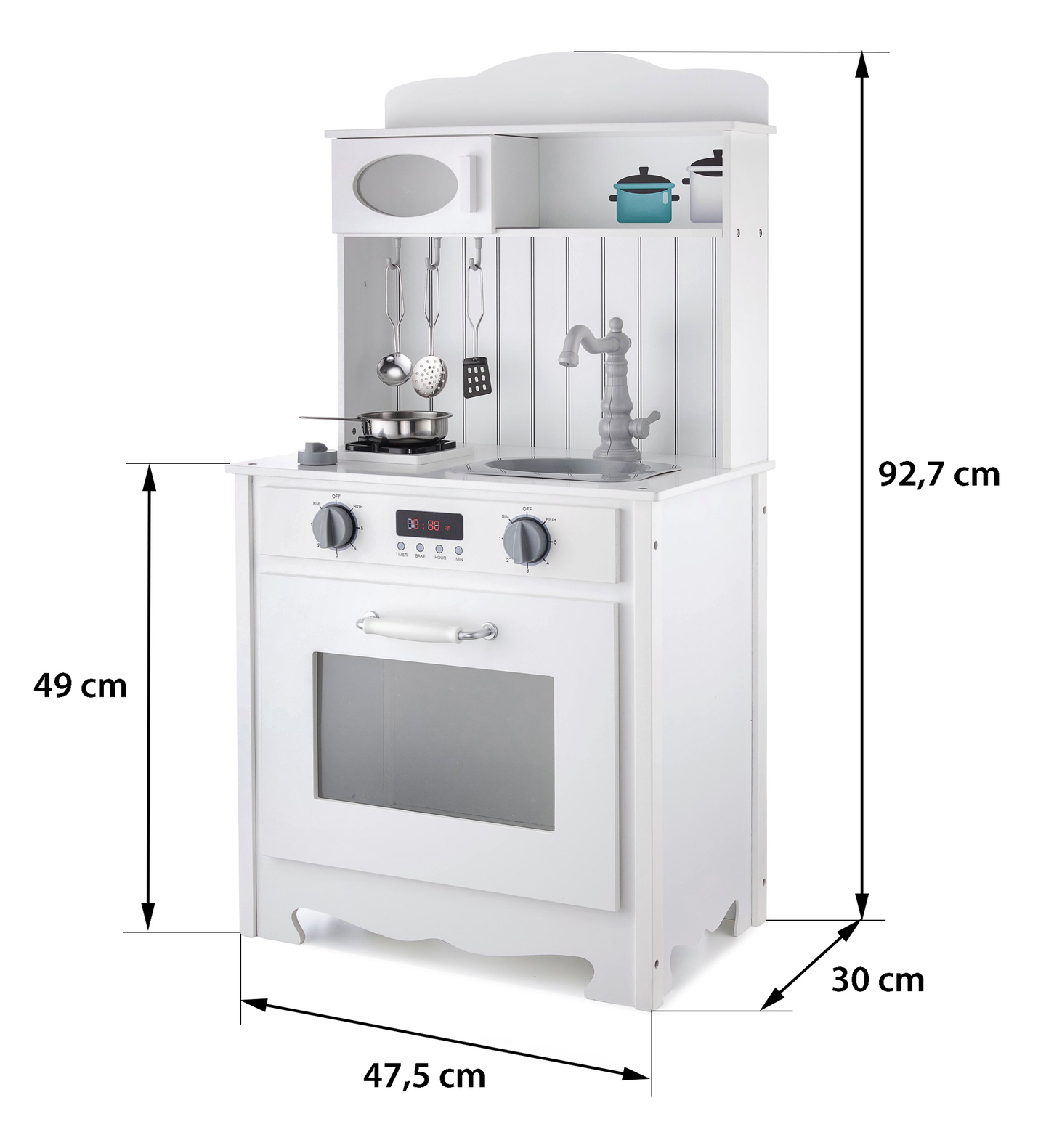 Cuisine en bois blanc avec tablier, accessoires et lampe LED