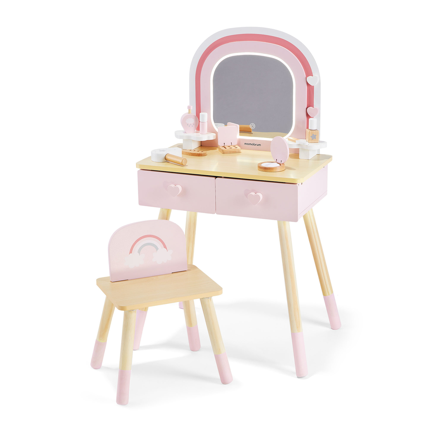 Coiffeuse en bois pour enfants avec éclairage LED à luminosité réglable, chaise et accessoires inclus.
