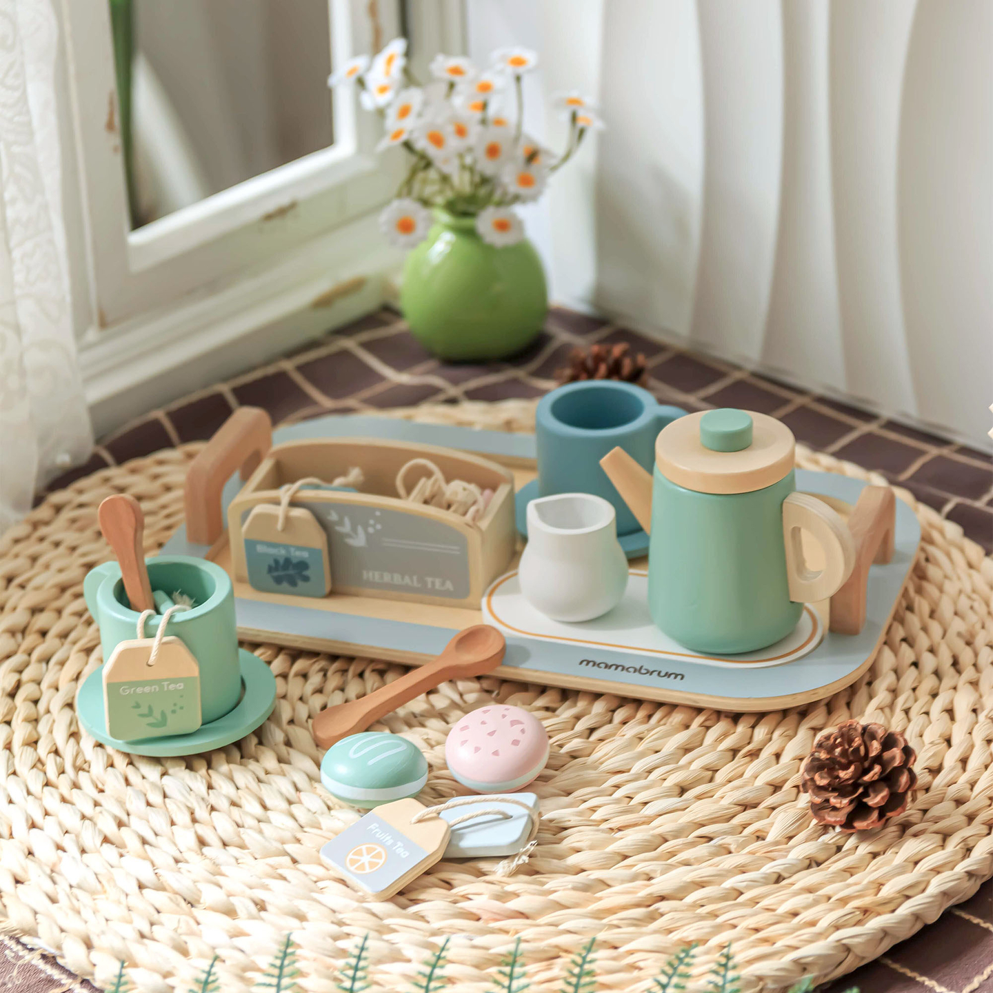 Grand service à thé en bois avec plateau - 18 pièces