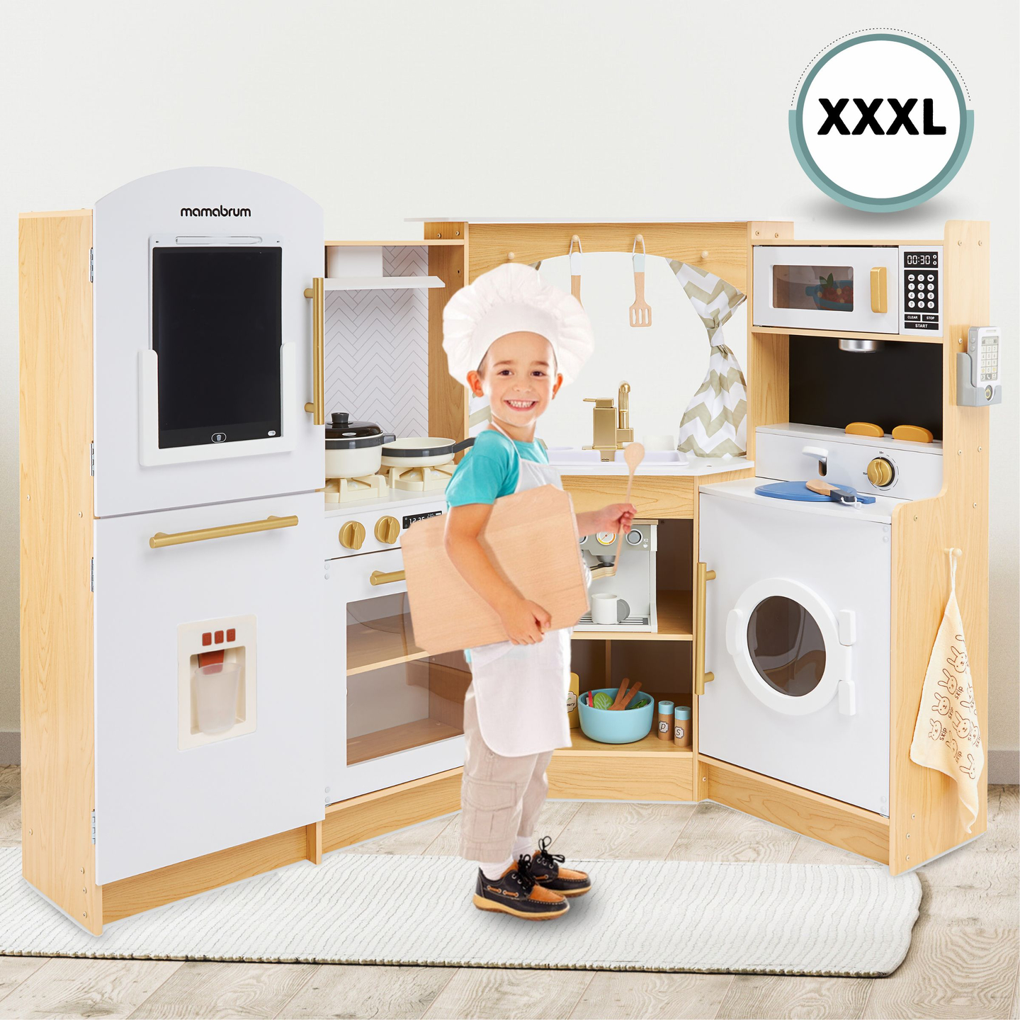 XXXXL grande cuisine interactive en bois avec éclairage LED, lave-linge, micro-ondes, machine à café et set de fruits et légumes - 50 éléments