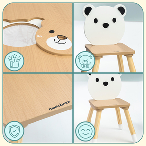 Table en bois avec rangement et 2 chaises Ensemble enfant - Ours en peluche mignon