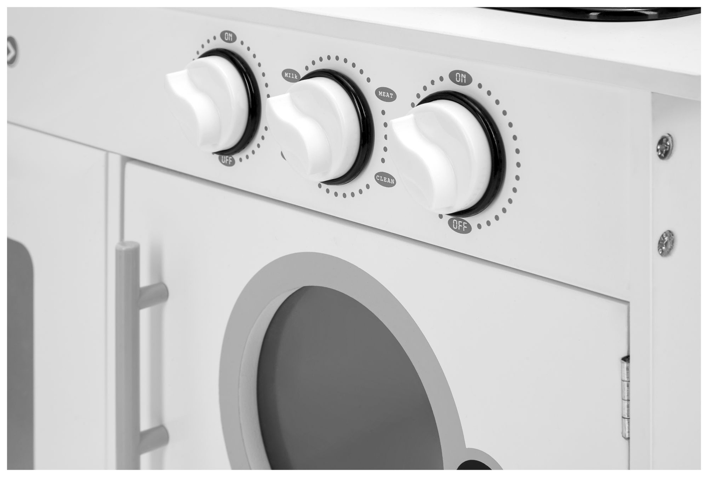 Coin cuisine XXXL en bois avec réfrigérateur, four, machine à laver, tablier et accessoires