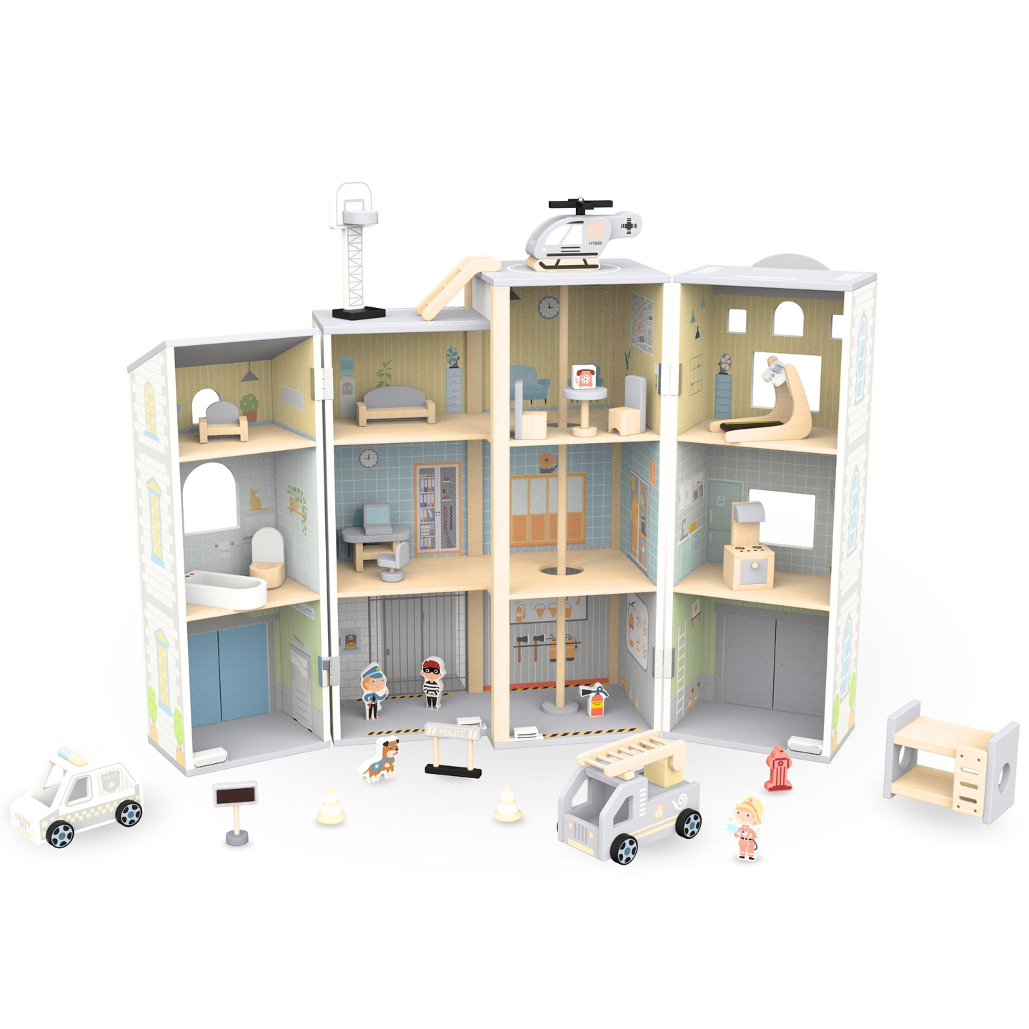 Grande caserne de pompiers pliante avec poste de police - ensemble en bois. Caserne de pompiers et poste de police avec accessoires.