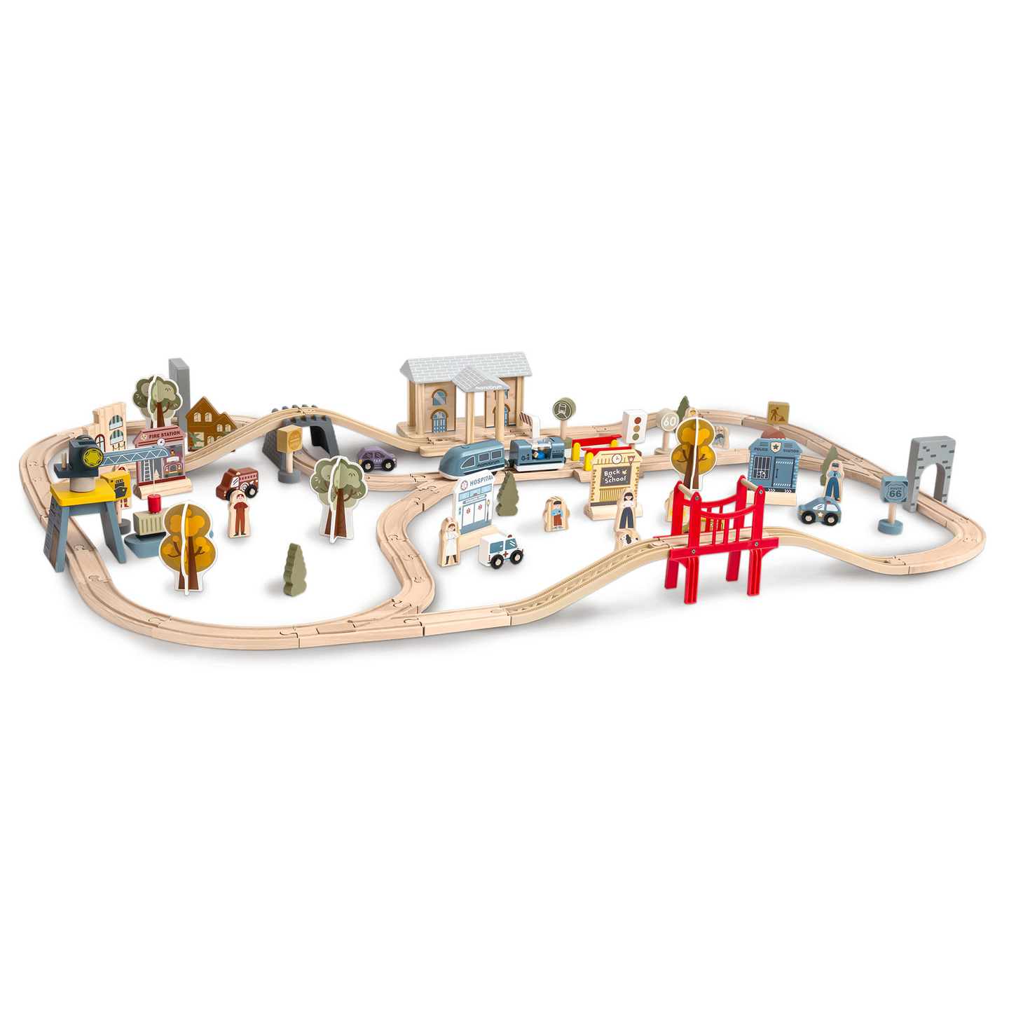 Chemin de fer urbain en bois avec train électrique - grue mobile, bateau, ponts