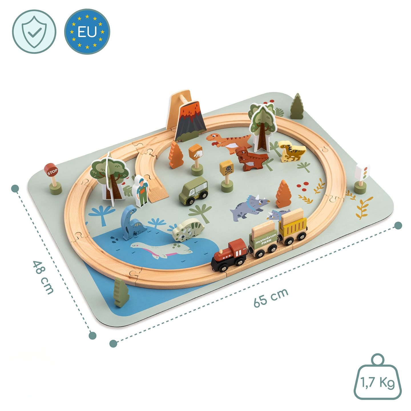 Train en bois Dino Park avec tapis antidérapant - dinosaures, train, rails, volcan, cloche