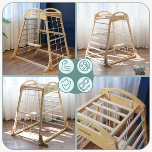 Aire de jeux intérieure en bois avec balançoire, anneaux de gymnastique et filet d&#39;escalade