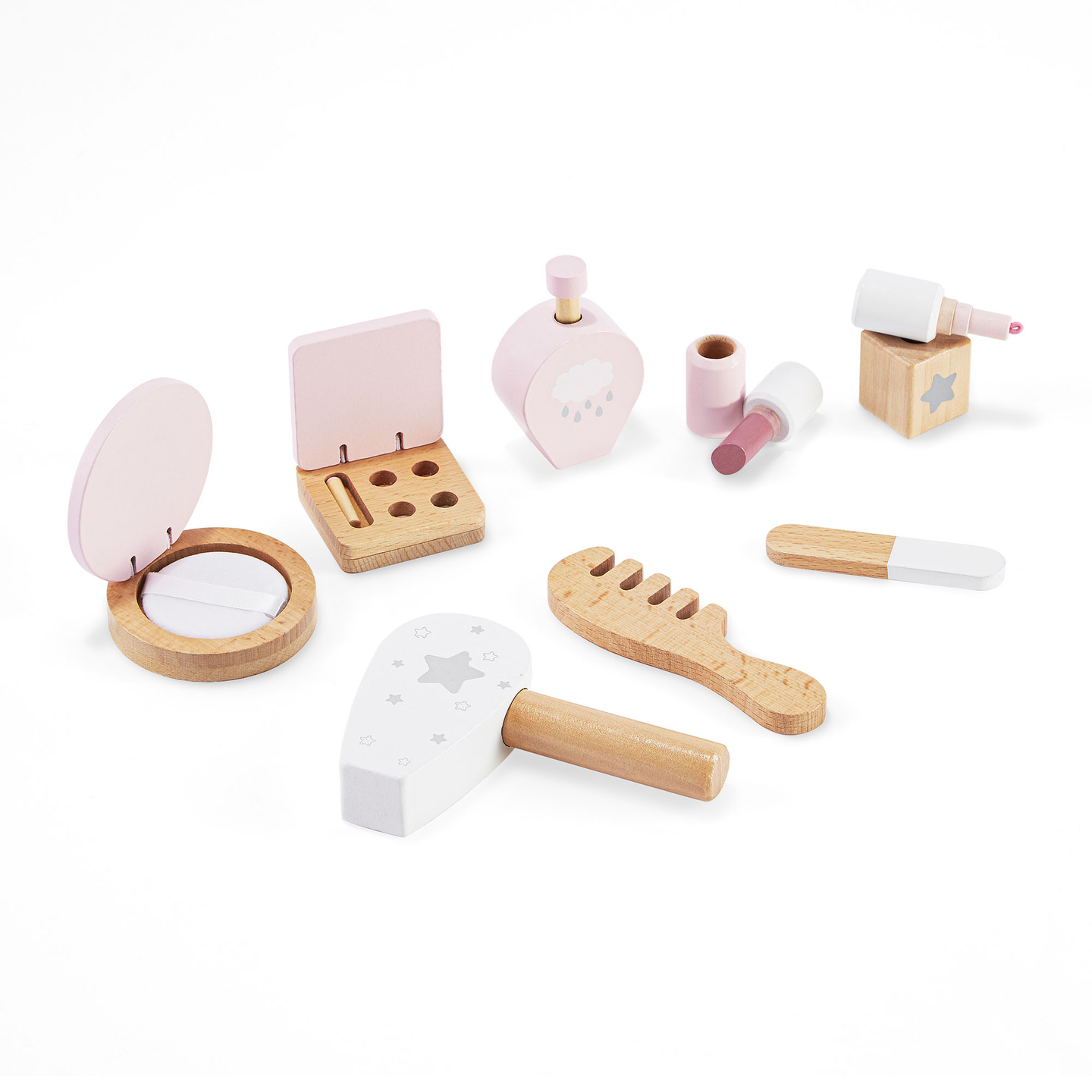 Coiffeuse en bois pour enfants avec éclairage LED à luminosité réglable, chaise et accessoires inclus.