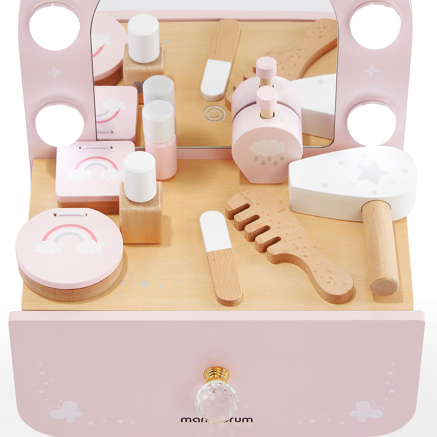 Mini coiffeuse en bois pour enfants avec accessoires et éclairage LED à luminosité réglable.