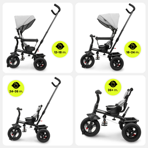 Tricycle pour enfants 1-4 ans - TOBI FREY - couleur gris - pivotant - roues gonflables + poussoir