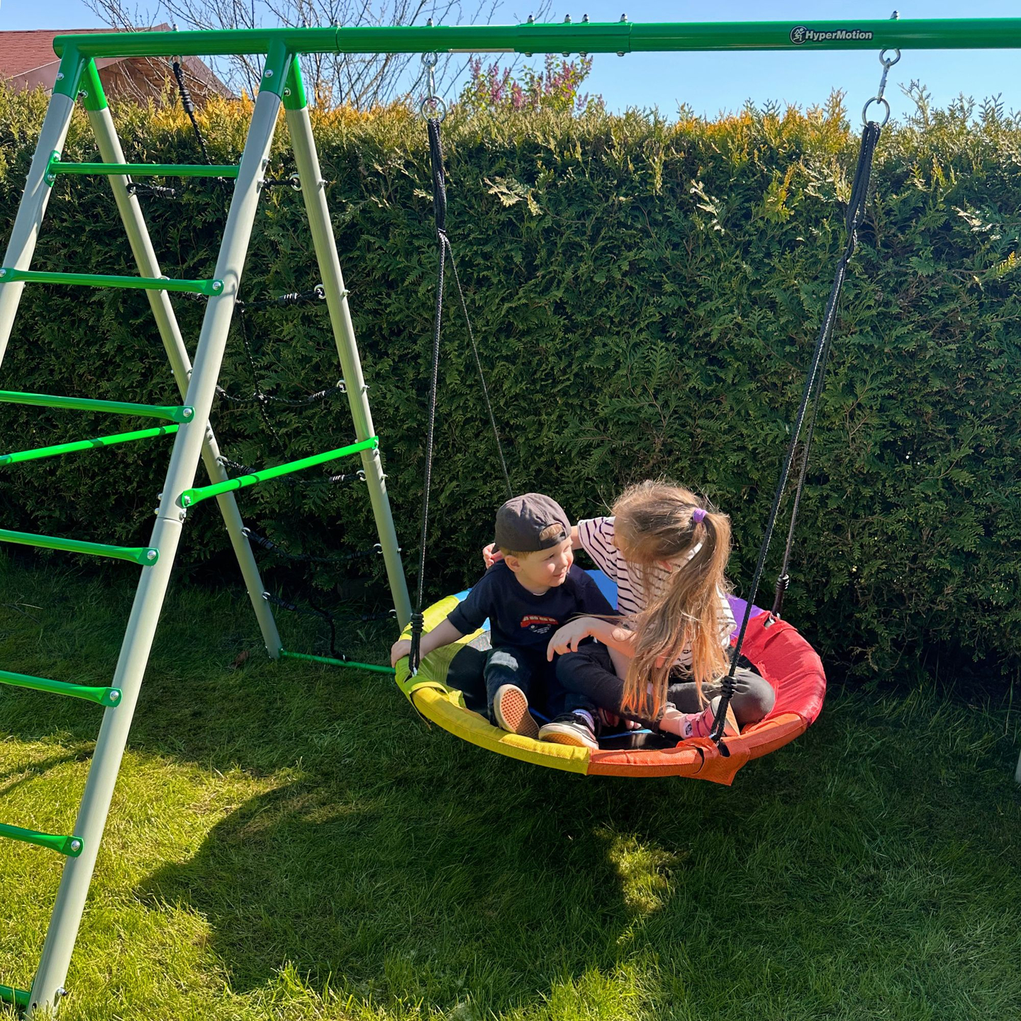 Aire de jeux de jardin XL pour enfants avec balançoire nid de cigogne, échelle et filet d'escalade