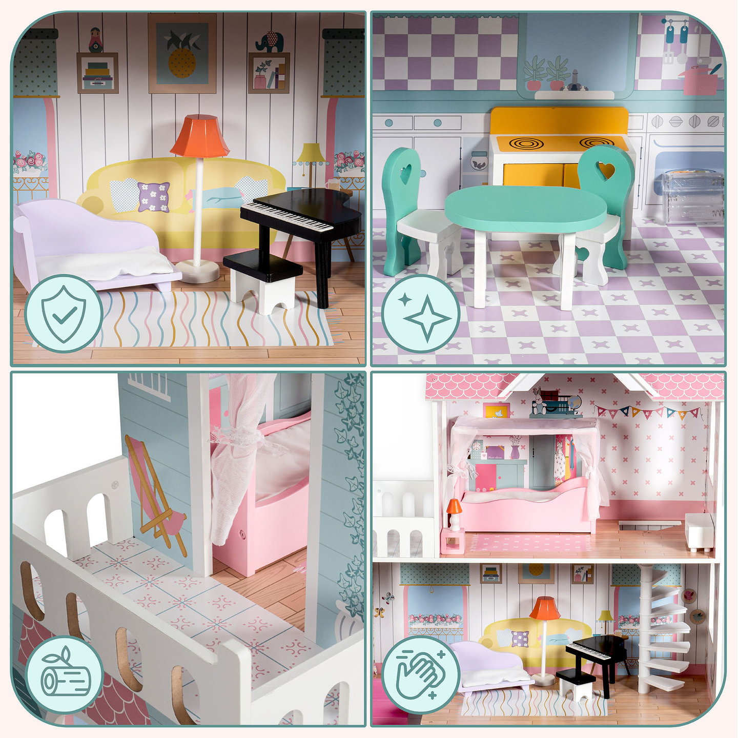 XXL La plus grande maison de poupées en bois - 123 cm - illuminée par LED - terrasse, accessoires, jardin