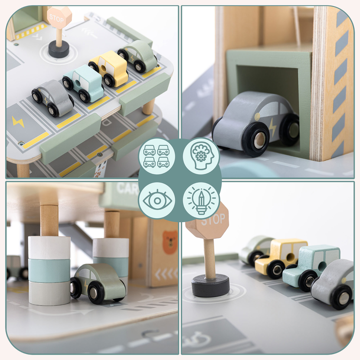 Garage en bois à trois étages pour enfants avec accessoires – parking, station-service, lave-auto, hélicoptère