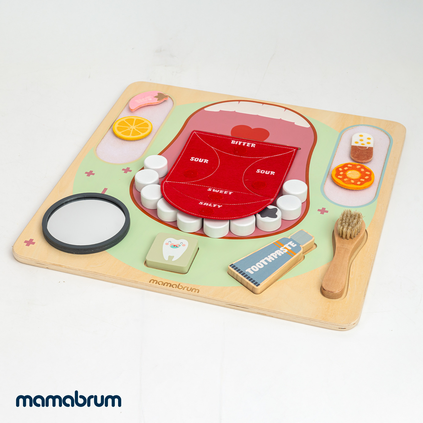 Planche éducative Montessori en bois Petit Dentiste - brosse à dents, dentifrice, dents amovibles, miroir, nourriture, apprentissage des saveurs