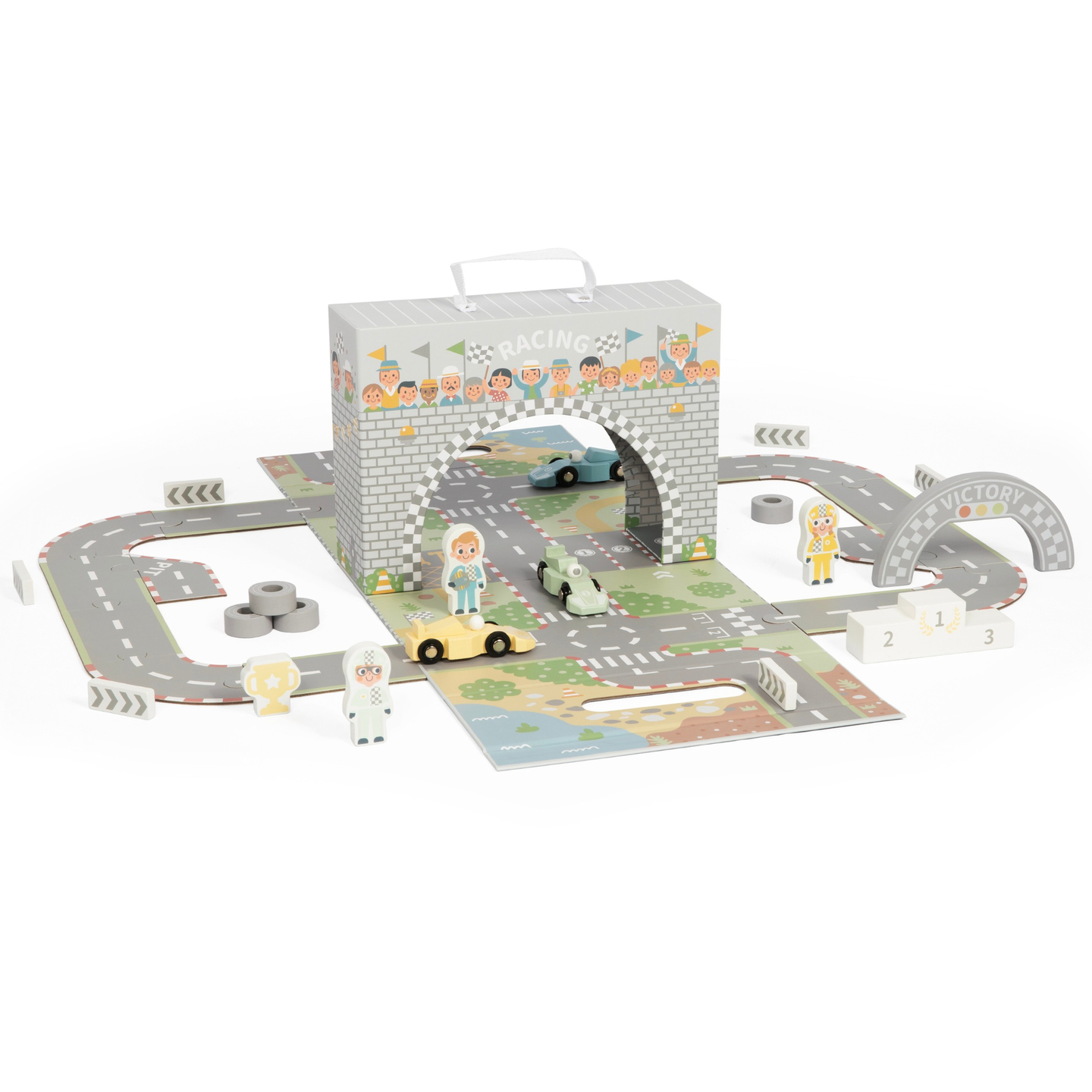 Valise magnétique avec piste de course, véhicules en bois et accessoires routiers