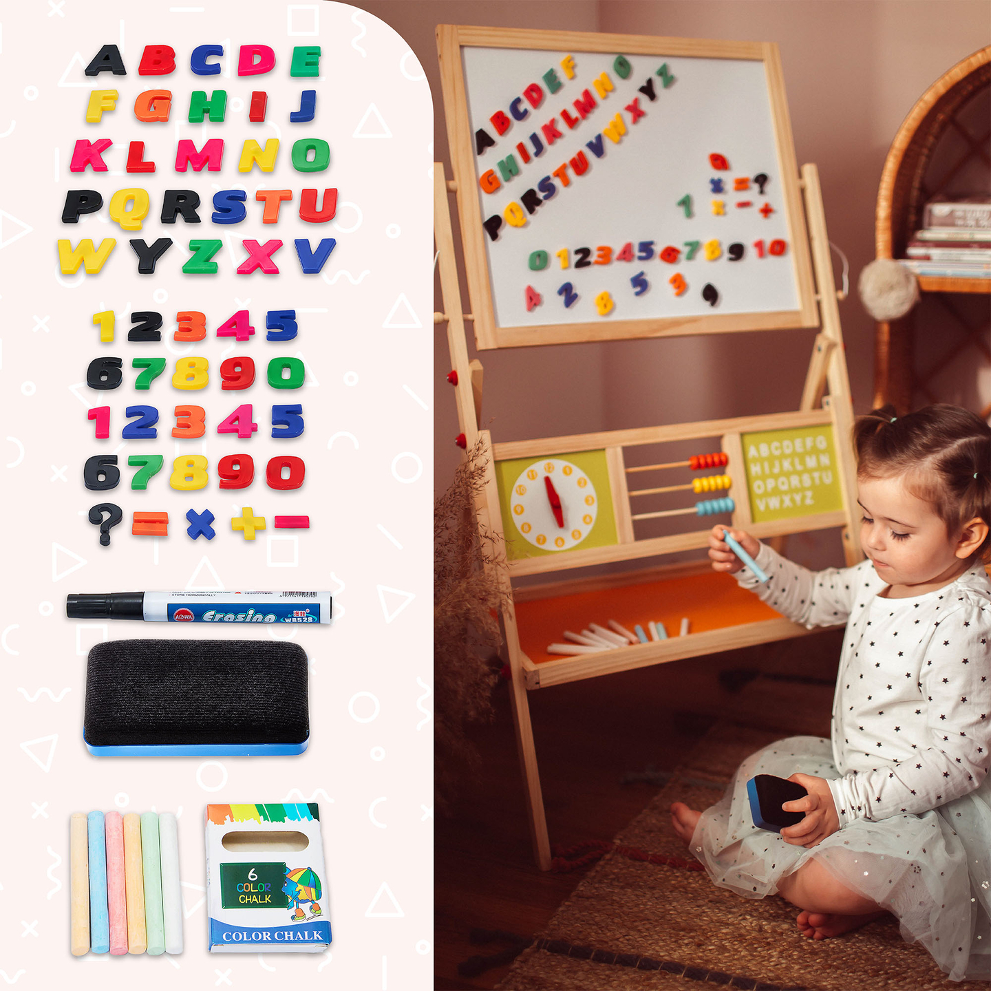 Grand tableau éducatif double face : magnétique et tableau noir - tableau effaçable à sec, en bois