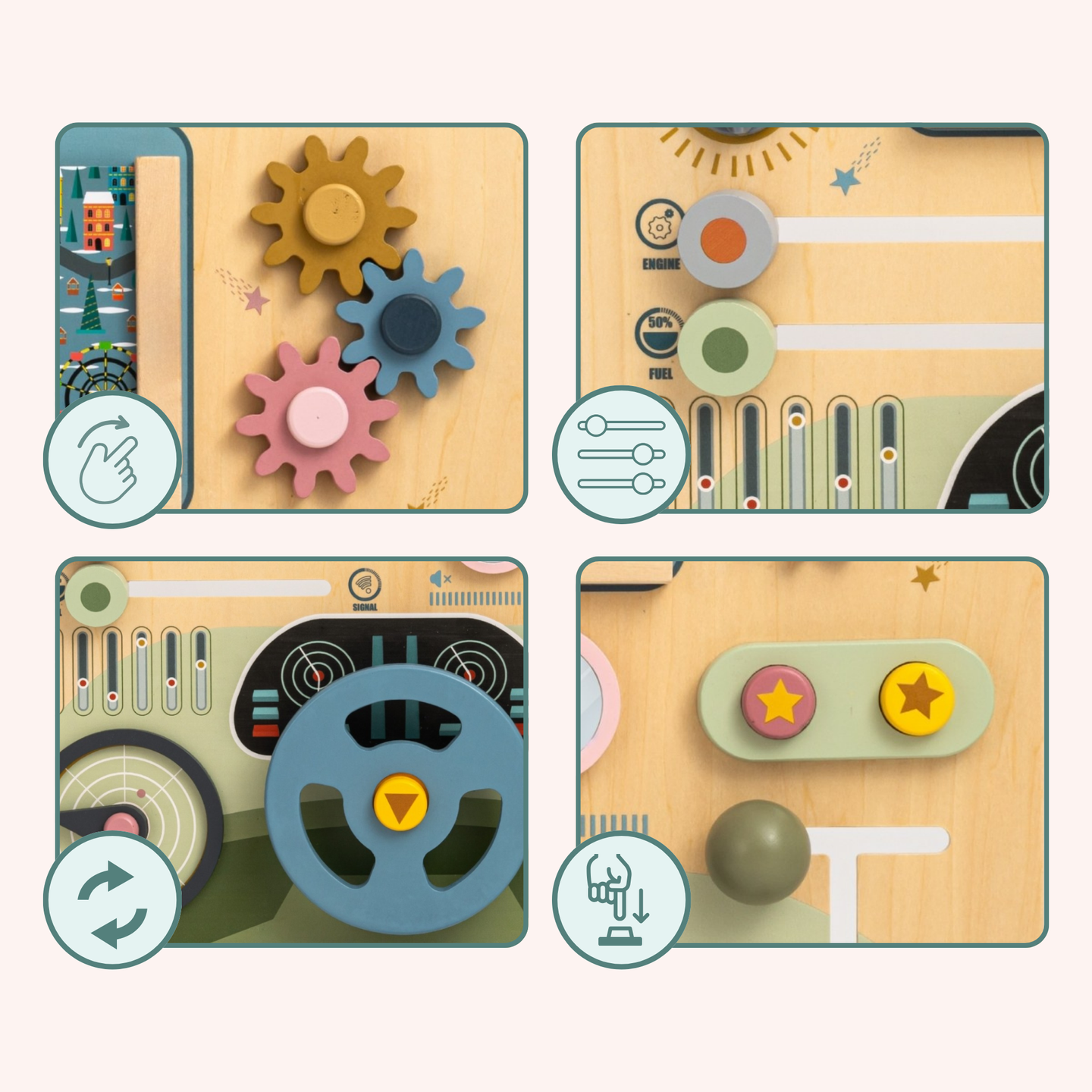 Planche Montessori en bois 2 en 1 Cockpit pour le petit conducteur et pilote – volant, levier de vitesse, cartes de voyage, radar