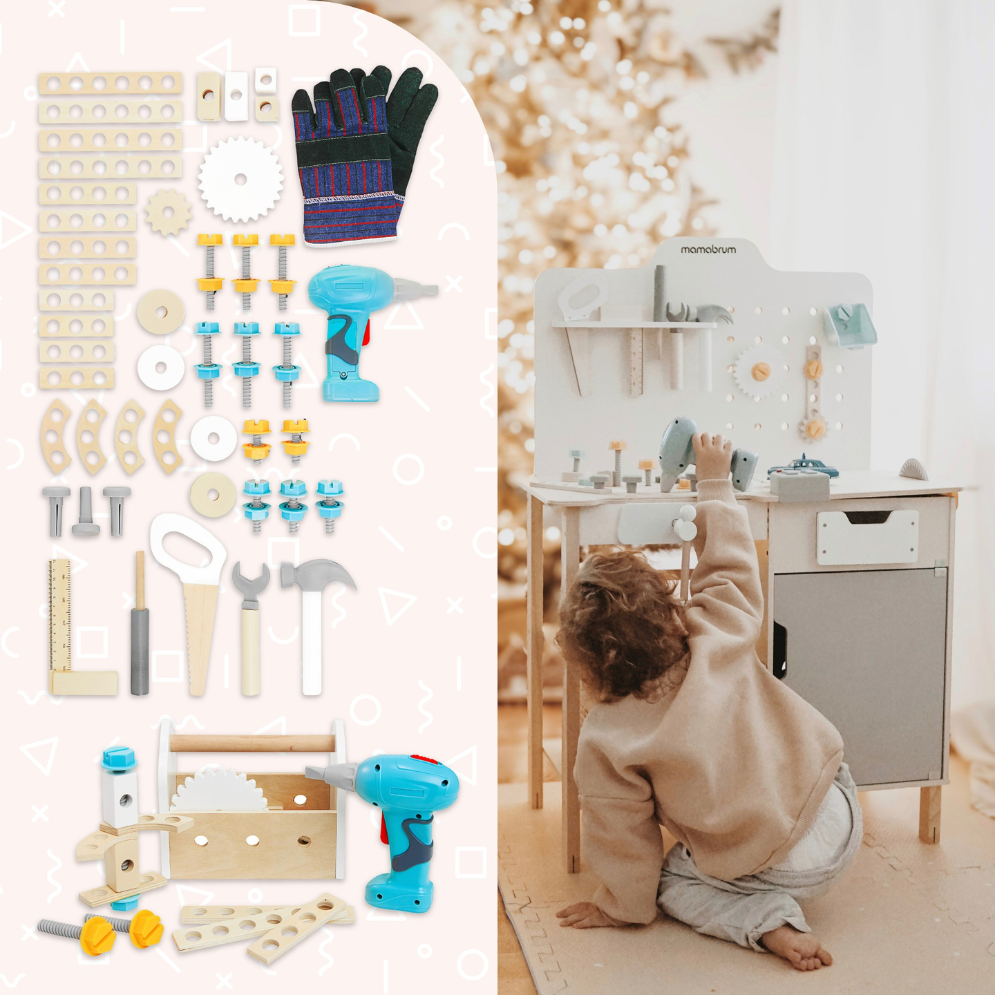 XXL Grand atelier en bois avec outils - set de bricolage, 74 éléments