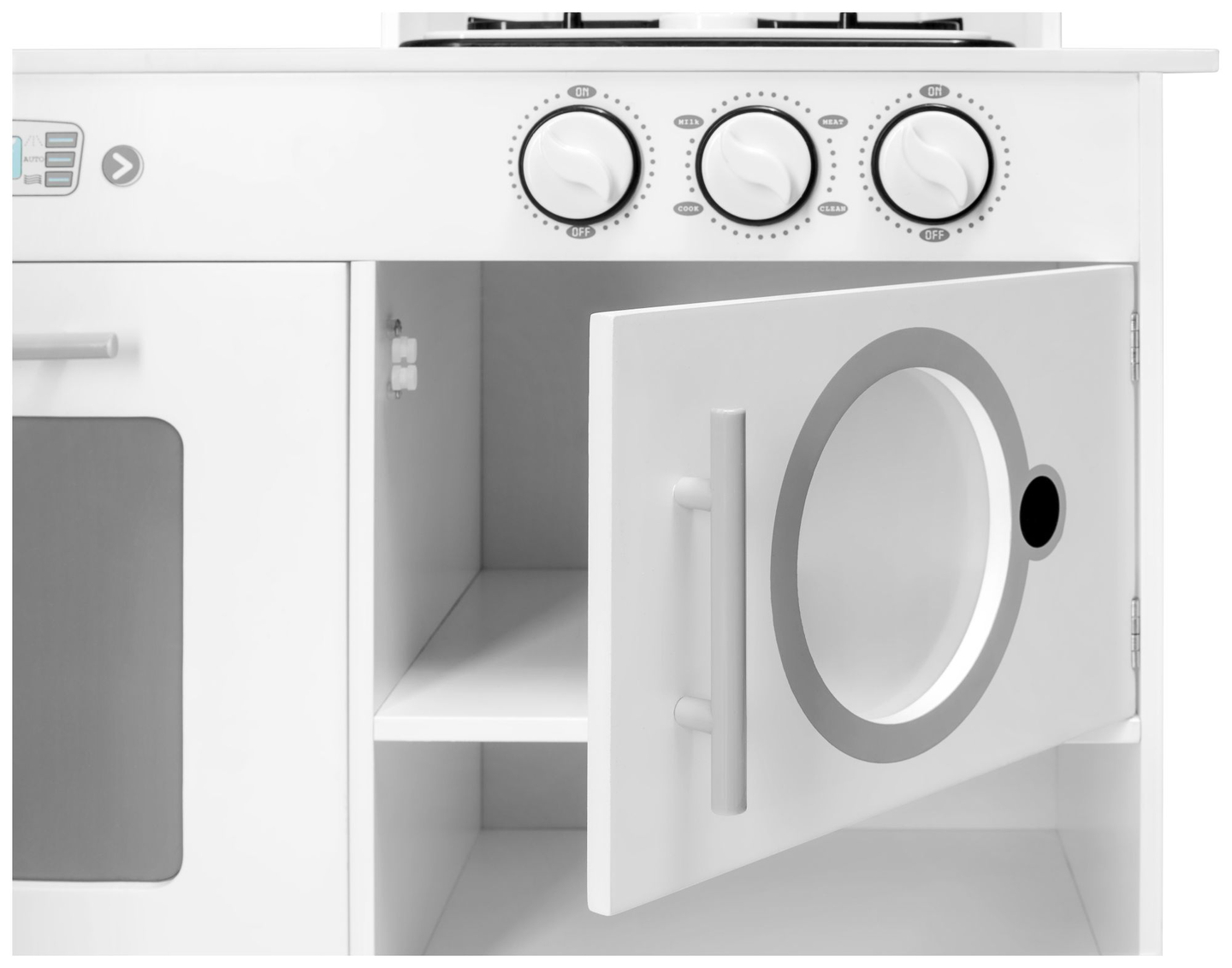 Coin cuisine XXXL en bois avec réfrigérateur, four, machine à laver, tablier et accessoires