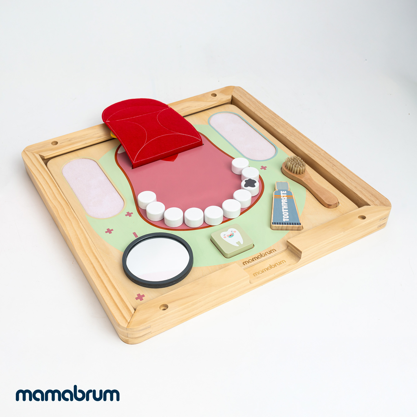 Planche éducative Montessori en bois Petit Dentiste - brosse à dents, dentifrice, dents amovibles, miroir, nourriture, apprentissage des saveurs