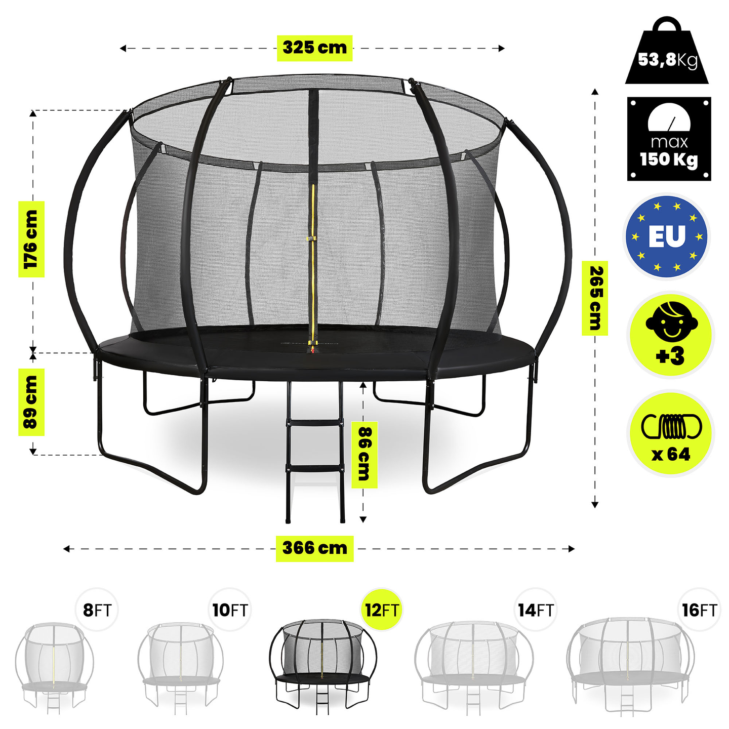 Trampoline de jardin XXL pour enfant HyperMotion - 366 cm 12FT - avec échelle et filet intérieur - pour maison et jardin - 150kg max