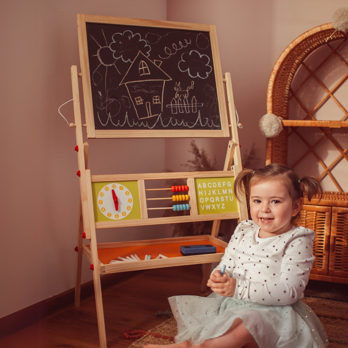 Grand tableau éducatif double face : magnétique et tableau noir - tableau effaçable à sec, en bois