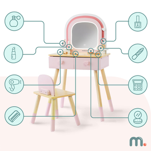 Coiffeuse en bois pour enfants avec éclairage LED à luminosité réglable, chaise et accessoires inclus.