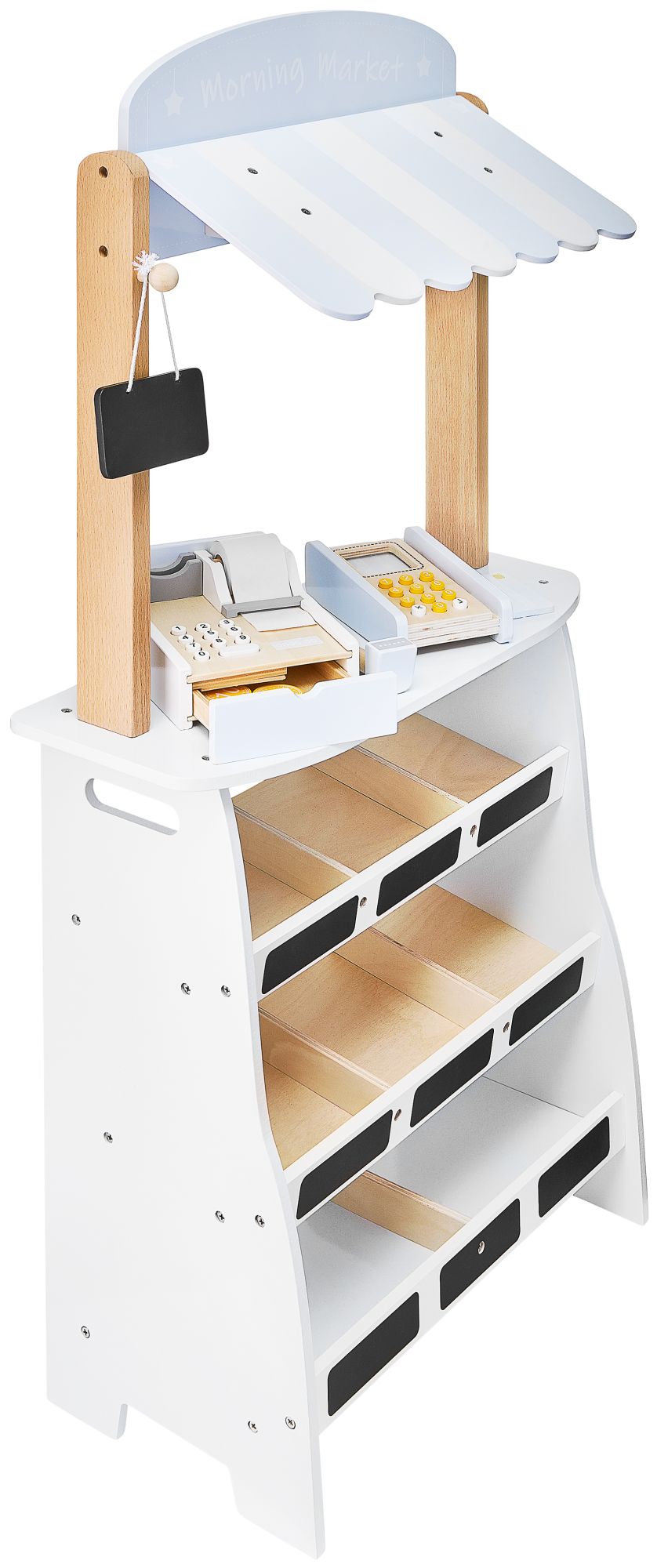 Magasin de légumes - étalage en bois avec caisses, caisse enregistreuse et terminal