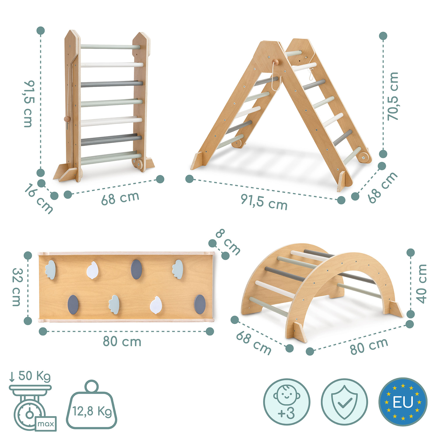 Aire de jeux intérieure en bois pour enfants - mur d'escalade, toboggan, arche d'escalade/bascule et triangle de Pikler