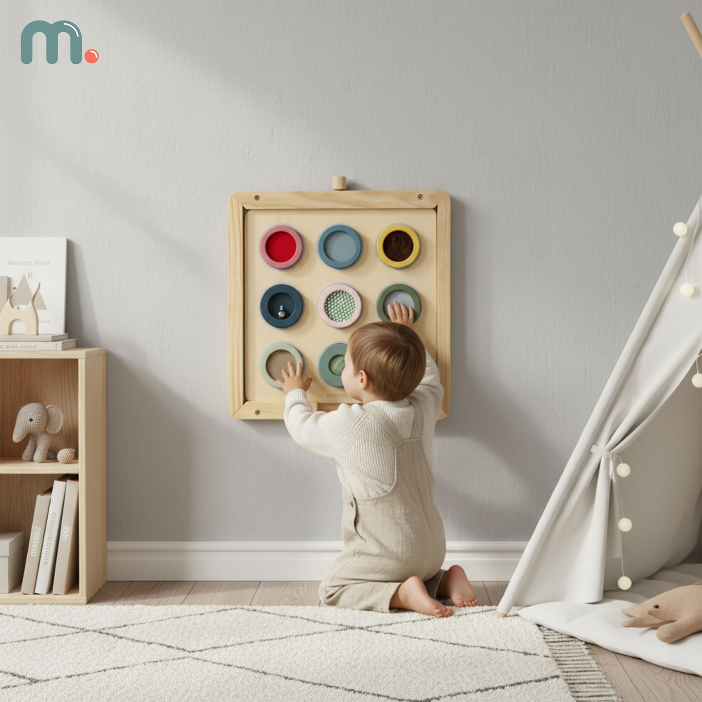 Tableau sensoriel Montessori en bois – 9 textures à découvrir et à développer le sens du toucher