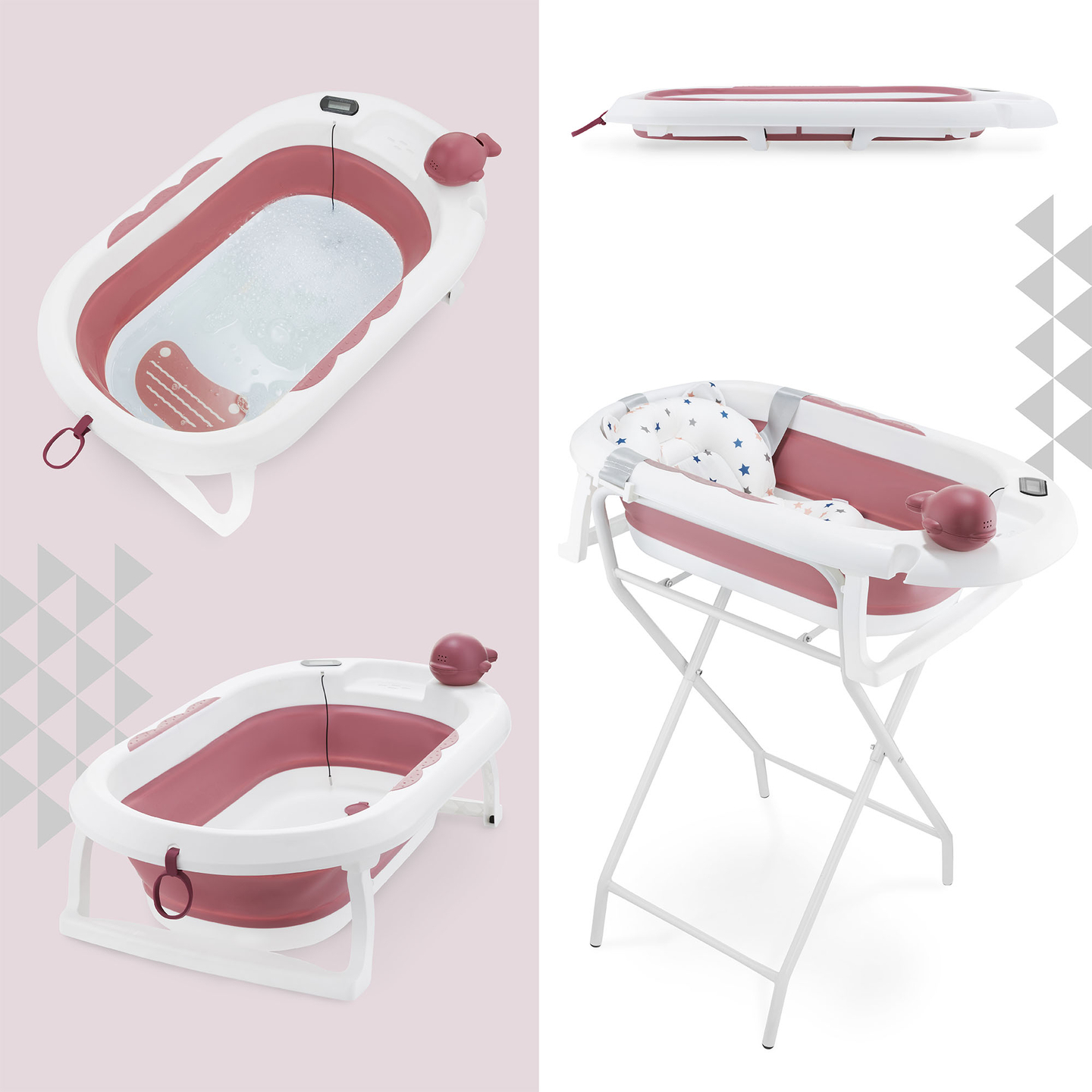 Baignoire pliante pour bébé avec thermomètre, insert et support - couleur rose sale