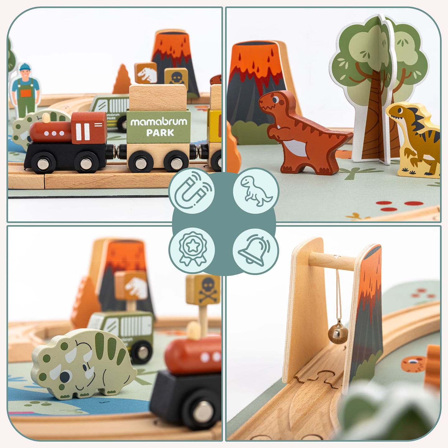 Train en bois Dino Park avec tapis antidérapant - dinosaures, train, rails, volcan, cloche