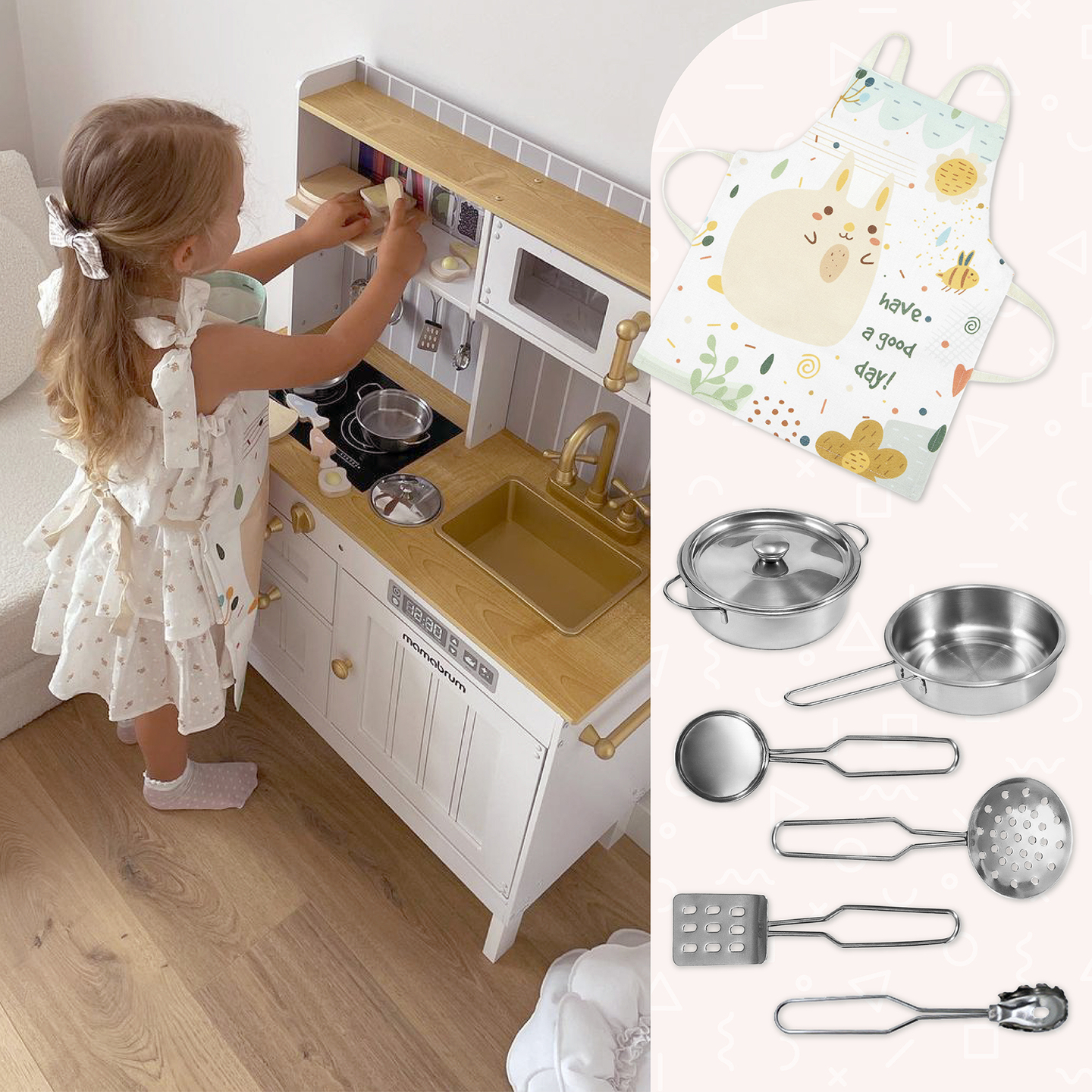 Cuisine blanche en bois avec accessoires et tablier