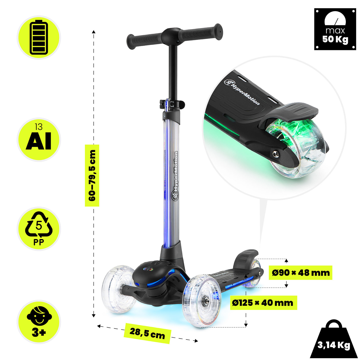 Trottinette d'équilibre HyperMotion BECKY - Éclairage LED RGB, noire