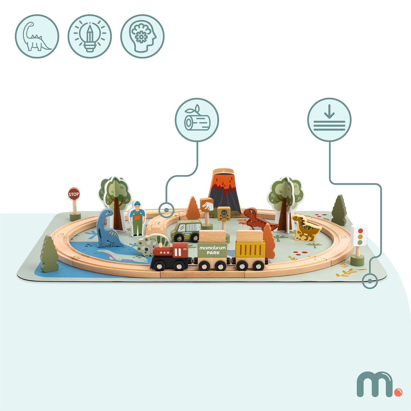 Train en bois Dino Park avec tapis antidérapant - dinosaures, train, rails, volcan, cloche