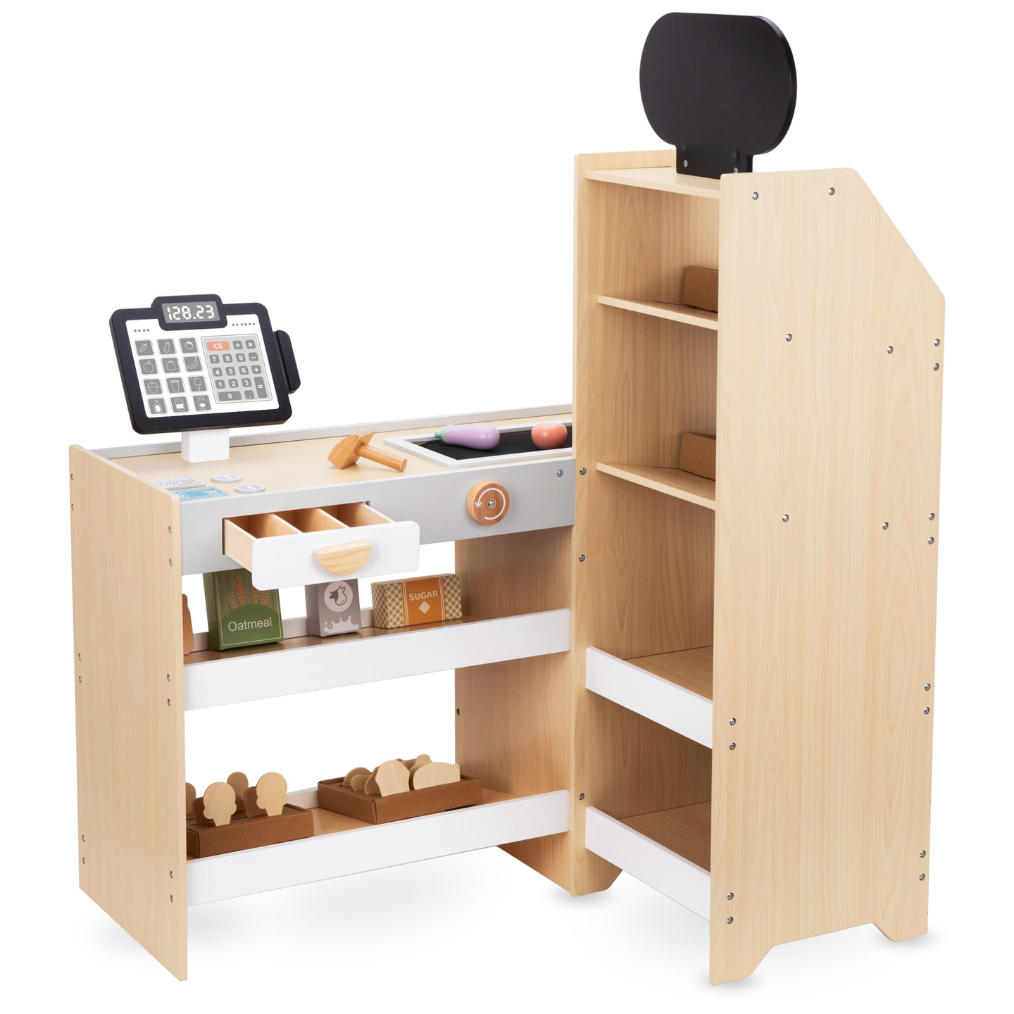 Marché aux légumes en bois - grand étal XXL, magasin avec caisse enregistreuse ludique