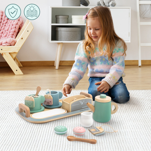 Grand service à thé en bois avec plateau - 18 pièces