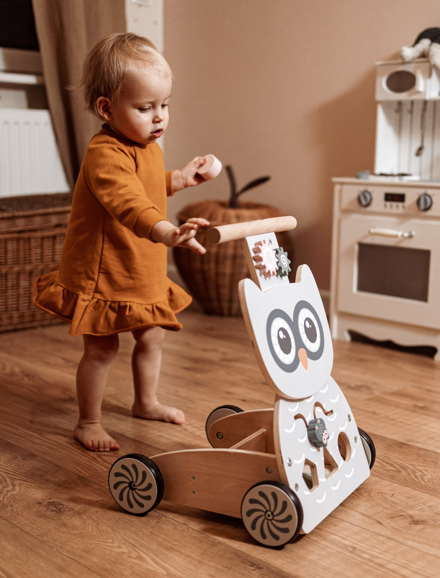 Marchette multifonctionnelle en bois - poussoir - poussette avec blocs - Hibou