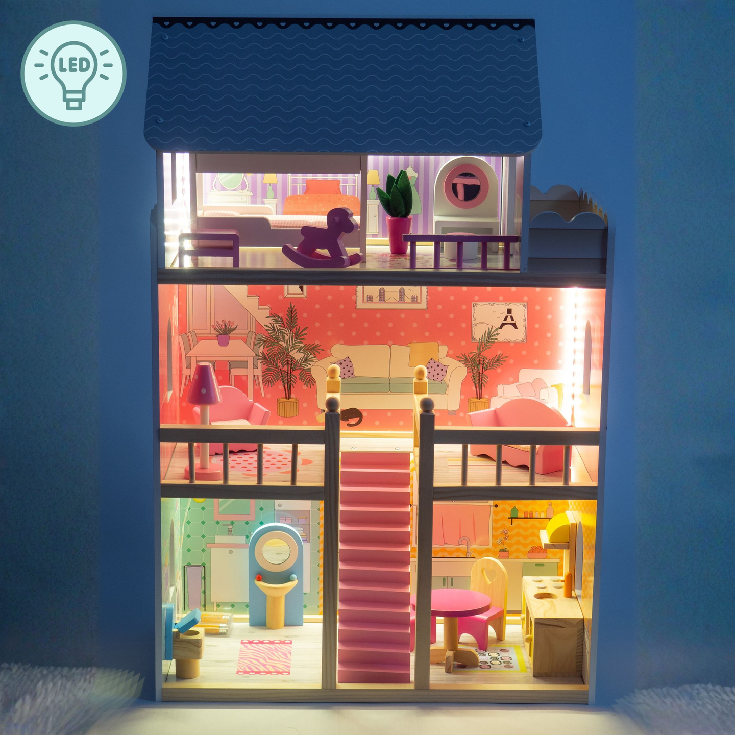 Grande maison de poupées en bois à 3 étages avec terrasse, ensemble de meubles et éclairage LED !