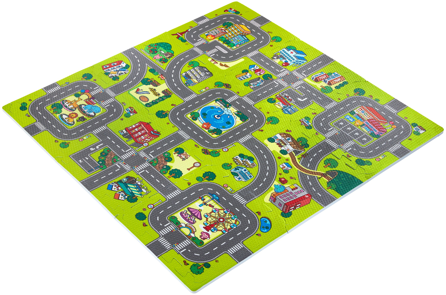 Tapis puzzle éducatif en mousse 90 x 90 x 1cm avec bordure - mousse EVA - motif : villes routes rues