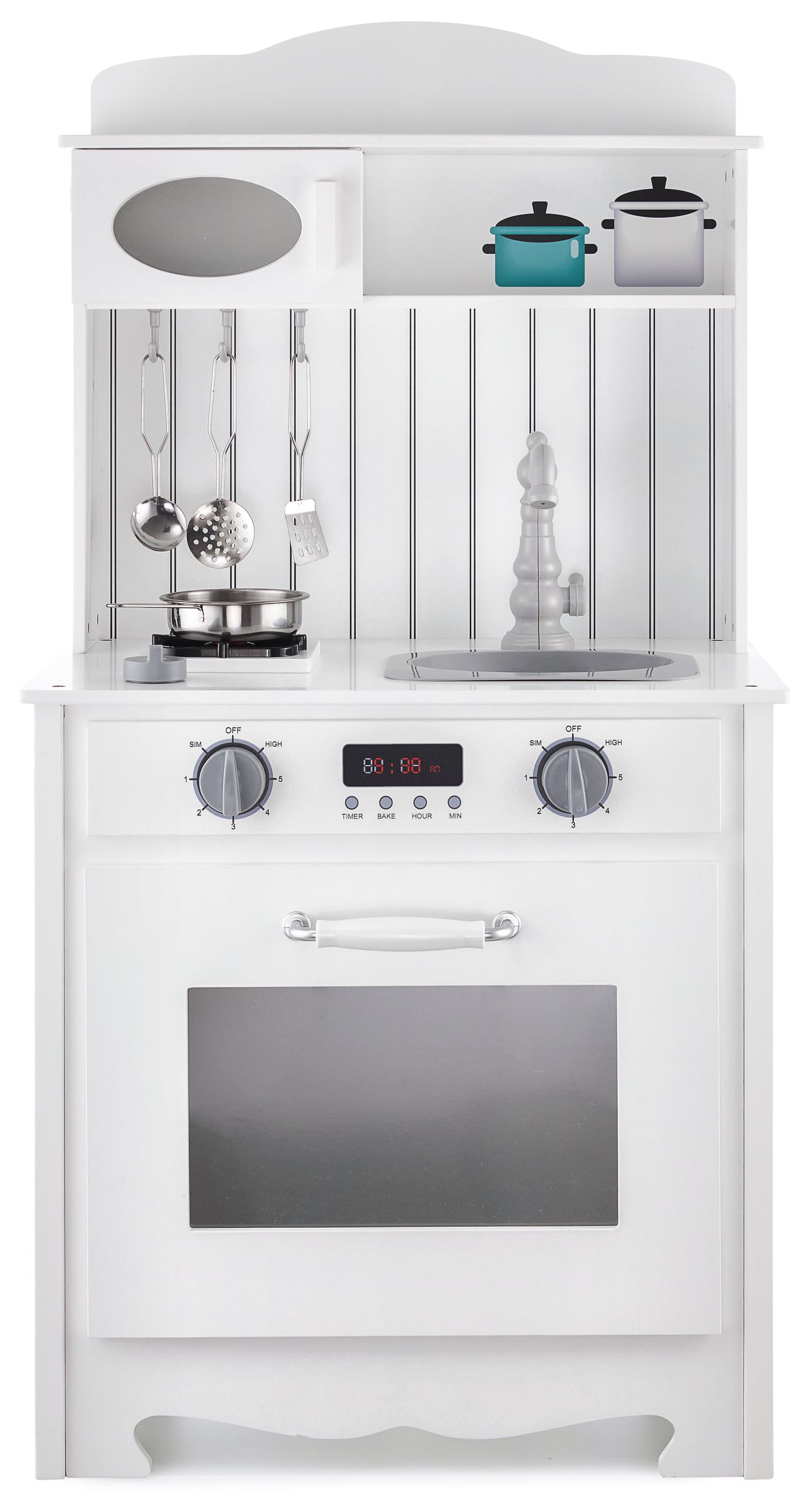 Cuisine en bois blanc avec tablier, accessoires et lampe LED