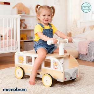 Bus en bois à pédales pour enfants - Bus avec compartiments de rangement et espace pour les peluches