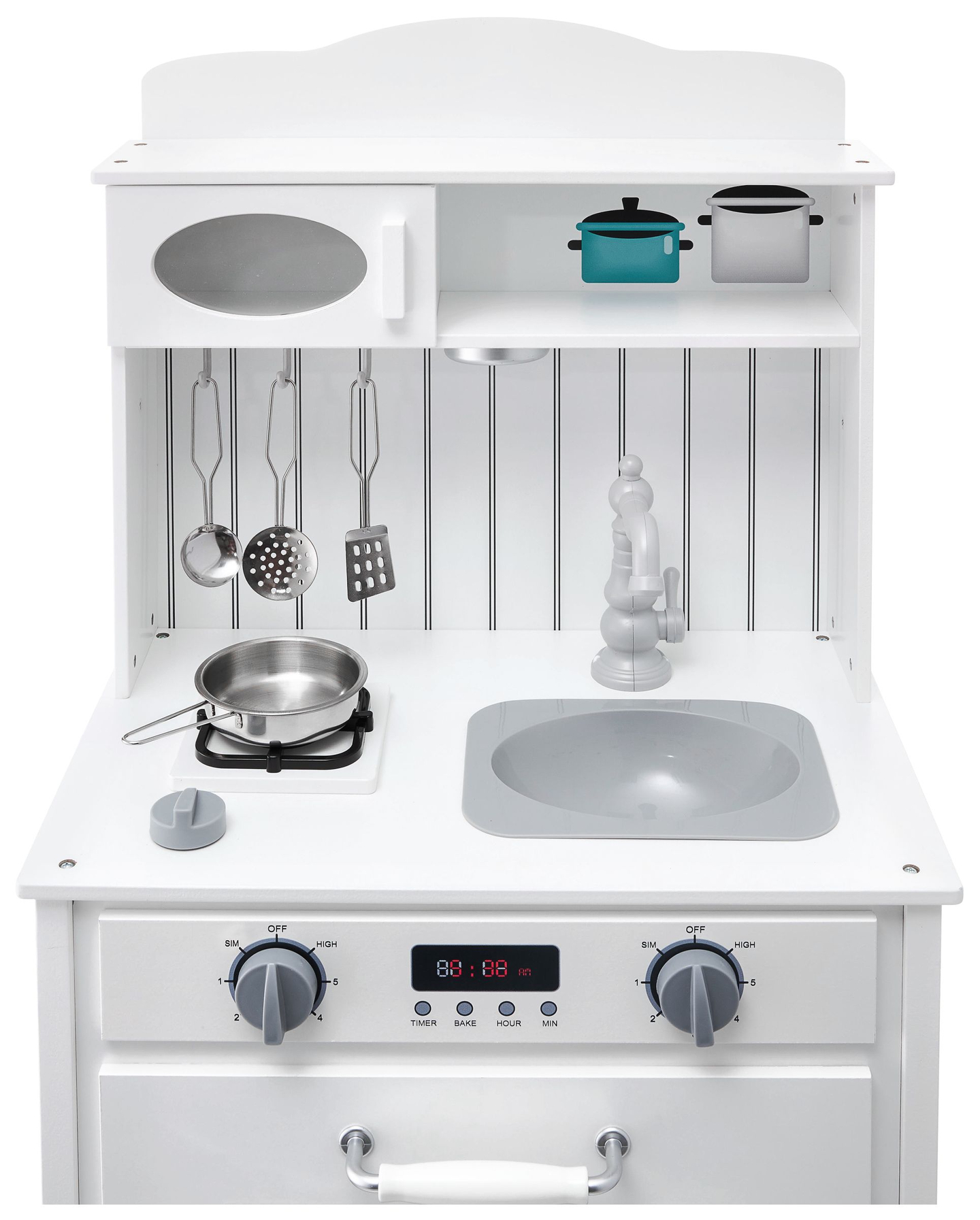 Cuisine en bois blanc avec tablier, accessoires et lampe LED