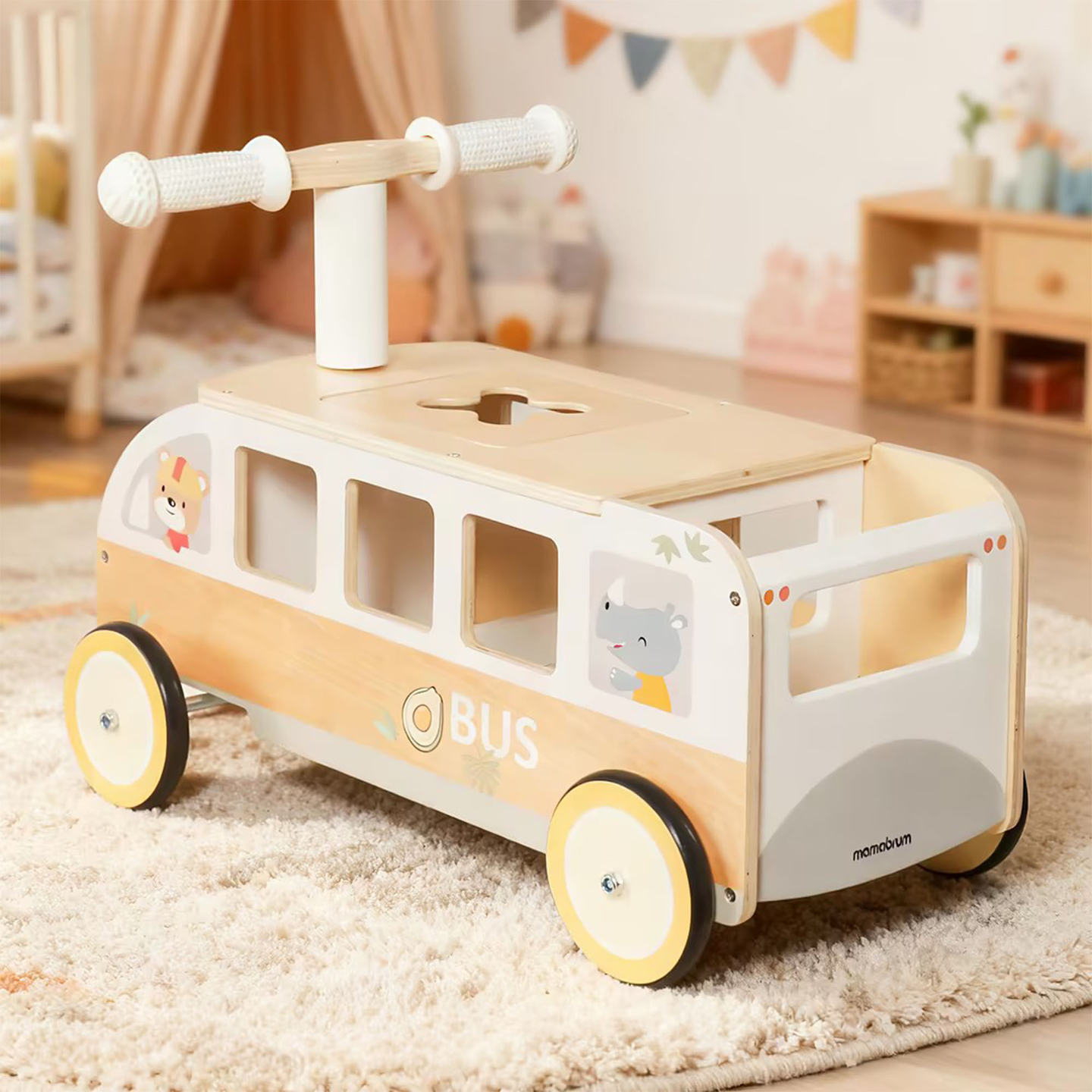 Bus en bois à pédales pour enfants - Bus avec compartiments de rangement et espace pour les peluches