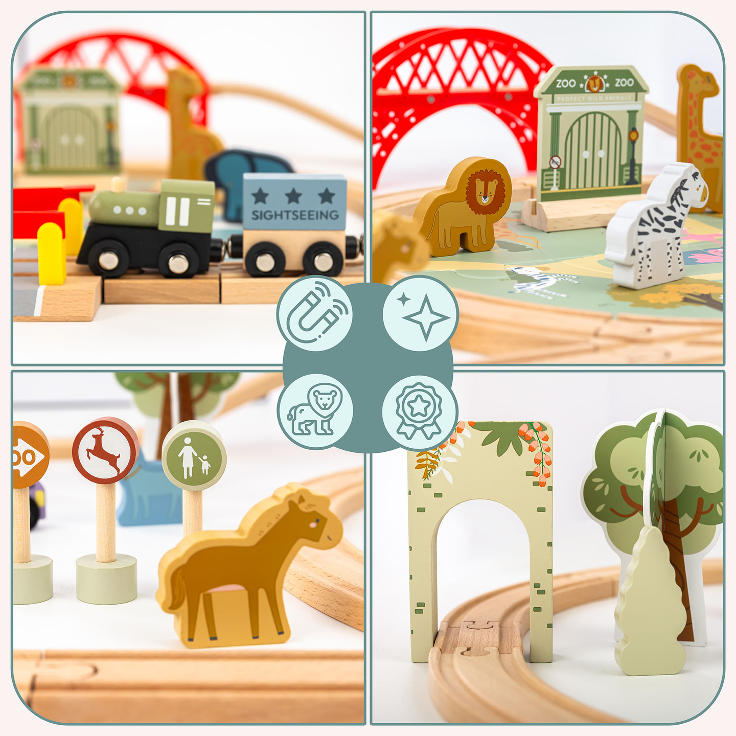 Train ZOO en bois – puzzle, train, rails, animaux, pont, barrière