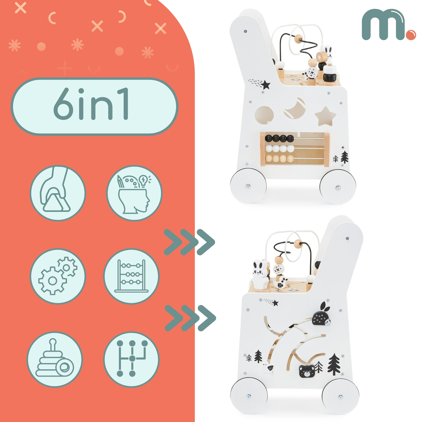 Poussette en bois 6in1, déambulateur avec fonction de table d'apprentissage