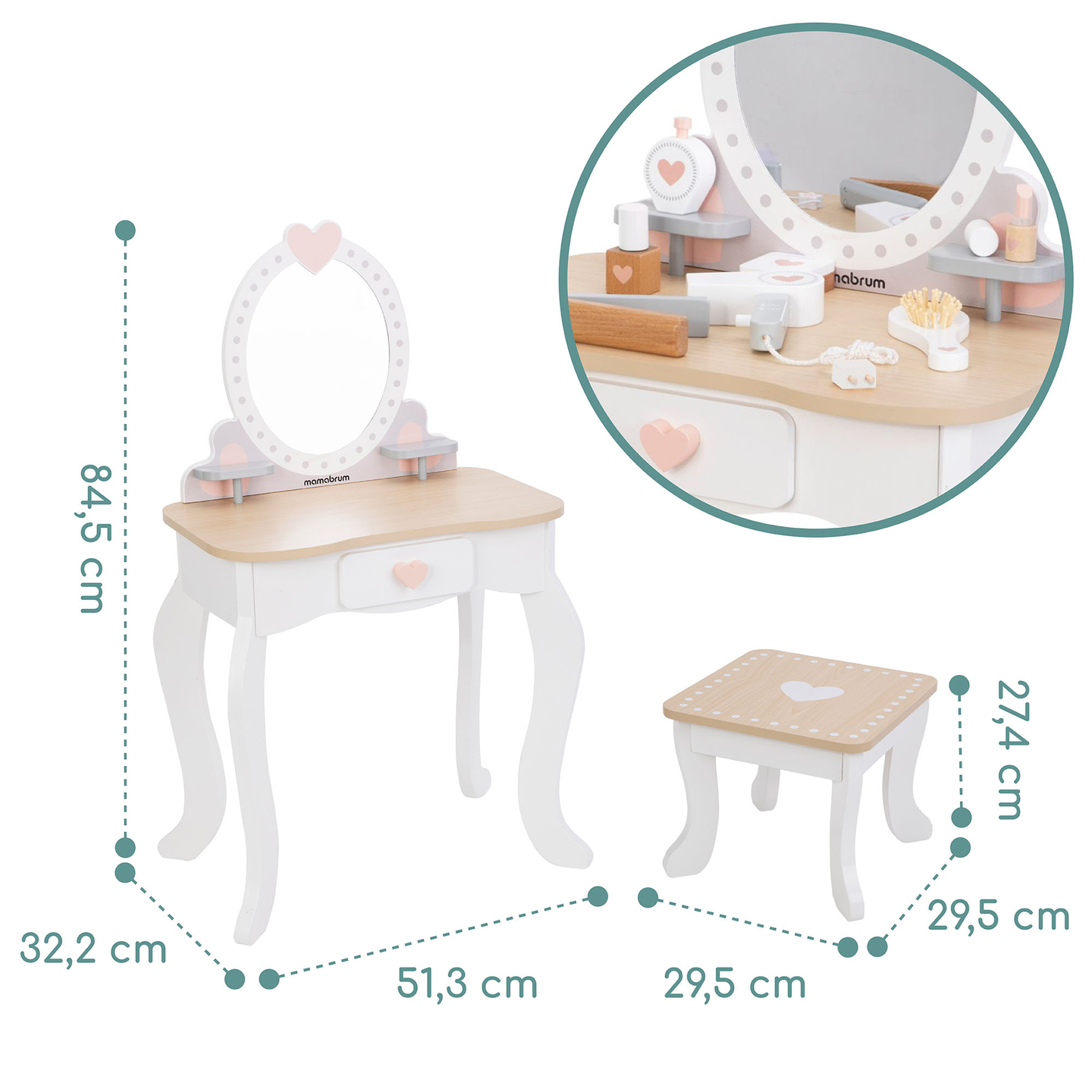 Coiffeuse en bois avec tabouret et accessoires